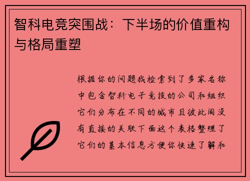 智科电竞突围战：下半场的价值重构与格局重塑